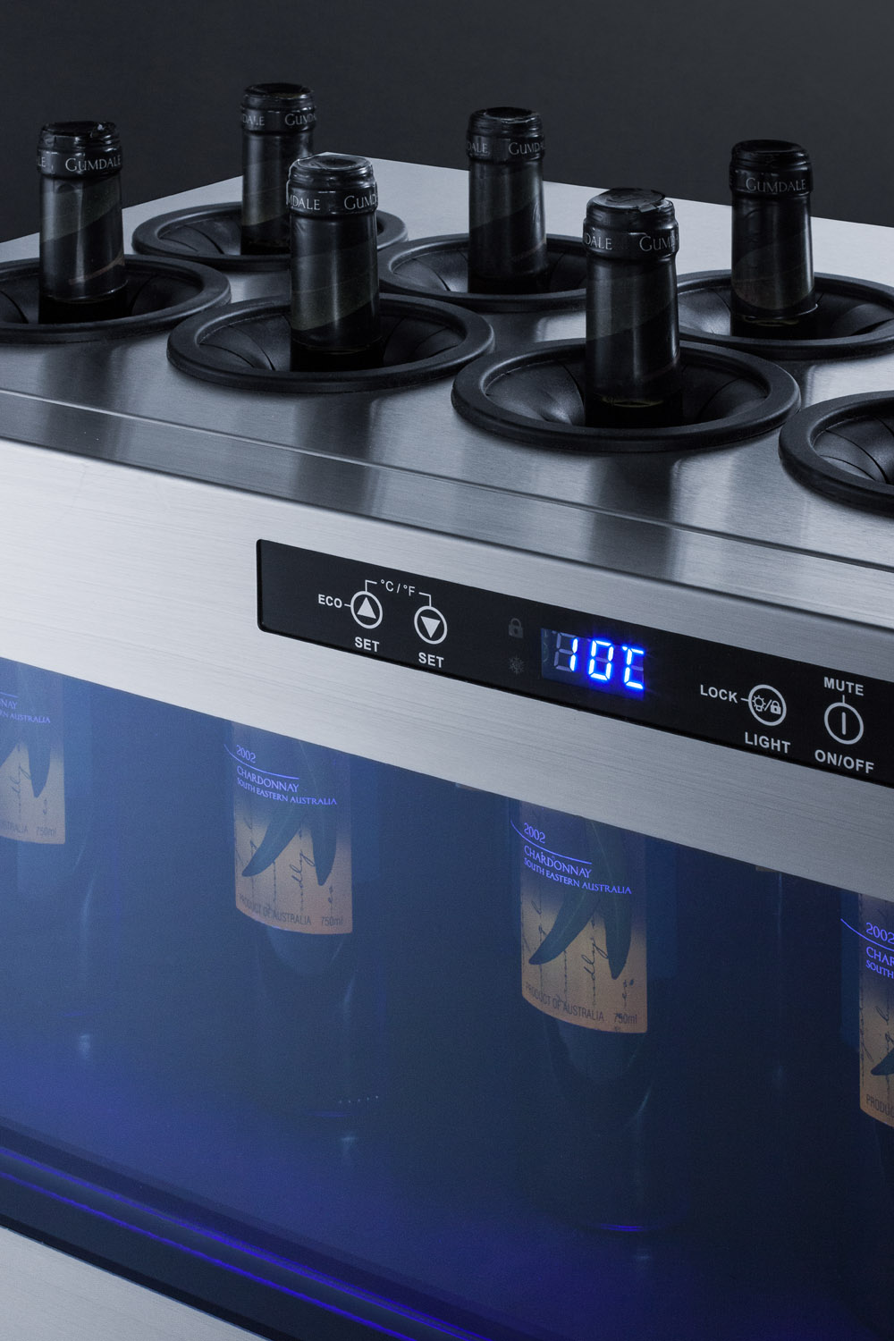Commercially approved open bottle wine cooler in stainless steel with digital controls and compressor-cooled design for countertop use, designed for the display and refrigeration of beverages